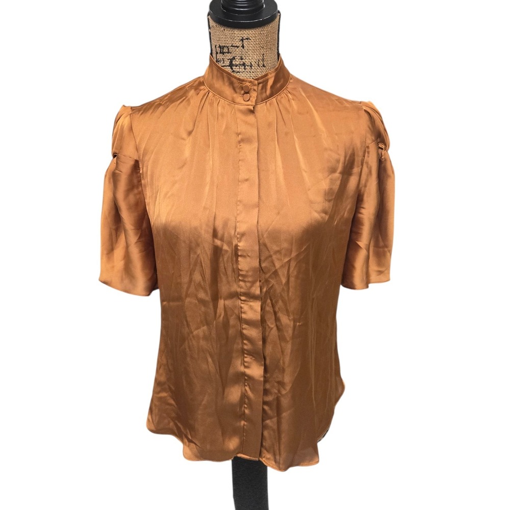 Anthropologie TRUTH Bronze Satin Knotted Puff Sleeve Button Up Blouse Sz S NWT